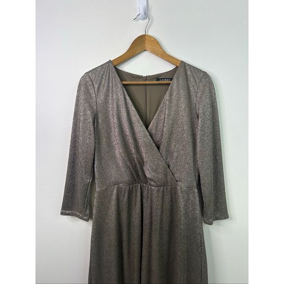 Lauren Ralph Lauren Metallic Gold Long Sleeve Faux Wrap Midi Dress Women Size 10 - Picture 2 of 12